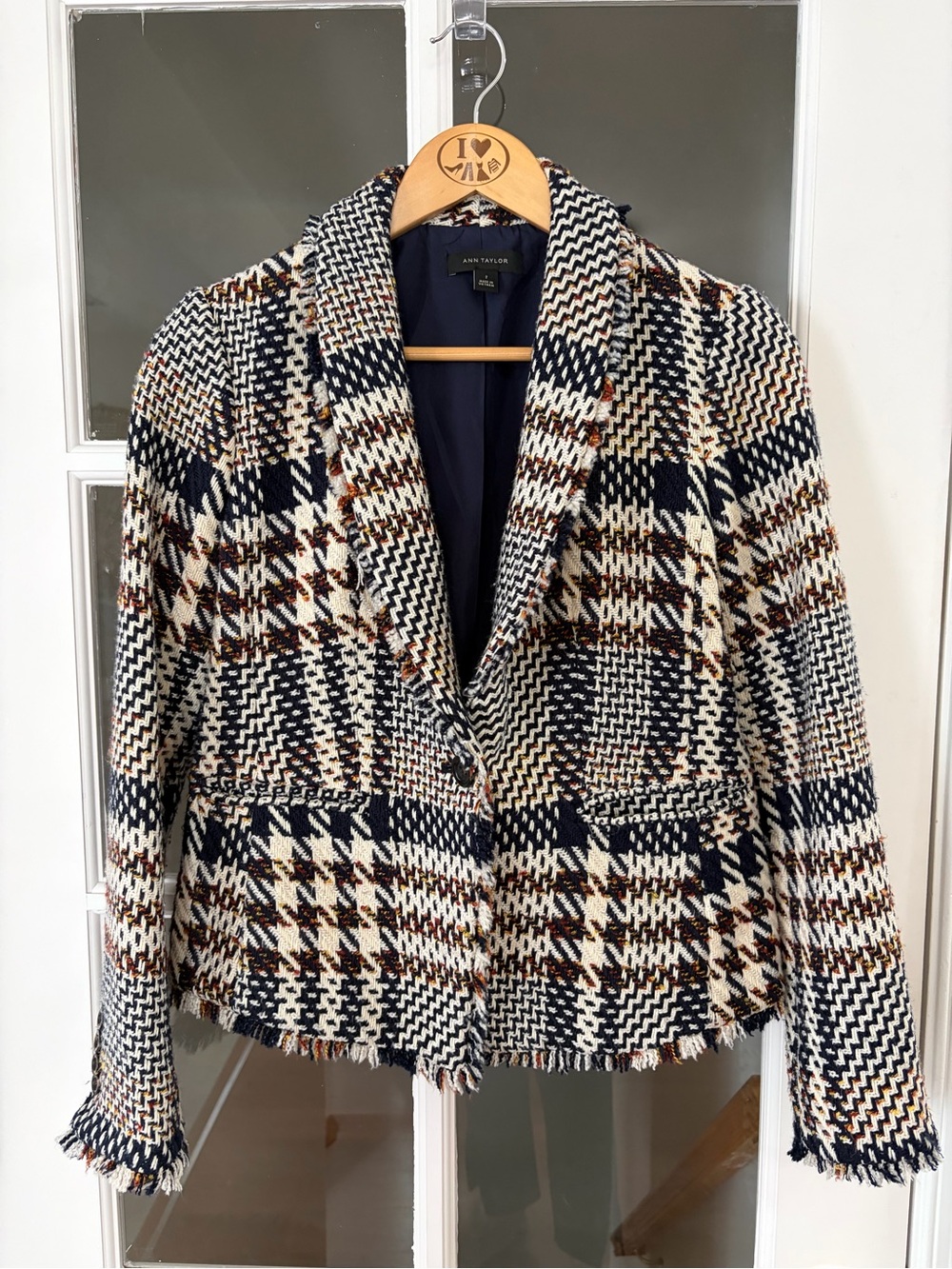 Ann Taylor Eyelash Fringe Plaid Tweed Blazer - Size 2 - Picture 3 of 8